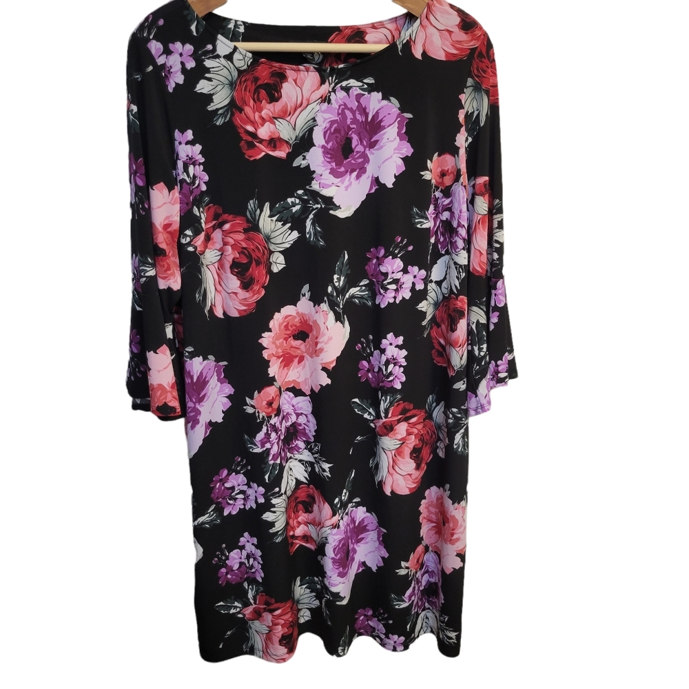 Roz & Ali Floral Dress 3X Curvy Bell Sleeve Red & Purple 22/24w 3xl Retro 60's